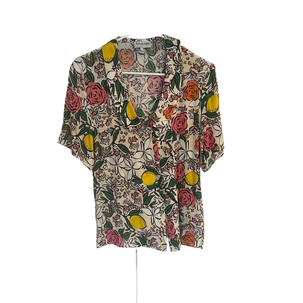 Leo & Ugo Paris Floral Print Blouse with Yellow and Pink Accents. Size 1
